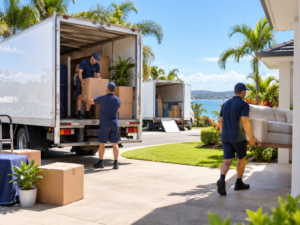 Removalists loading furniture into moving trucks during a residential move in Hervey Bay