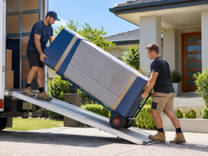 Removalists loading a protected lounge into a moving truck at a Hervey Bay home