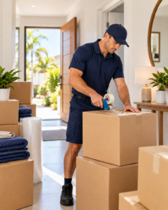 Removalist packing moving boxes inside a Hervey Bay home